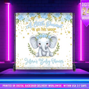 STAMPATO o DIGITALE, Sfondo per baby shower con elefante blu, Un piccolo arachide è in arrivo, Sfondo per baby shower con elefante blu per bambino