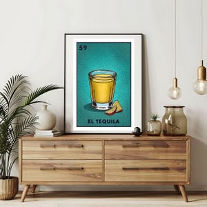 Enviado somente impresso | Cartões da Loteria El Tequila | Arte de parede desenhada à mão da Loteria | Bingo mexicano | Impressões da Loteria Arte do México |