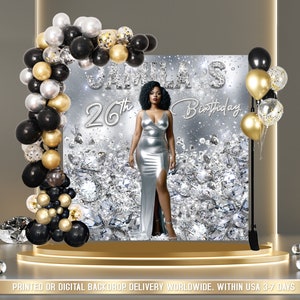 PRINTED oder DIGITAL Diamanten Geburtstag Hintergrund, Diamant Schwarz Silber Hintergrund, Glam Hintergrund Glam Birthday Hintergrund Bling Banner Glitter