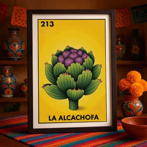 Póster de lotería La Alcachofa, impresión de alcachofa, arte de pared mexicano, decoración colorida para cocina, regalo gastronómico, enviado por correo impreso únicamente.