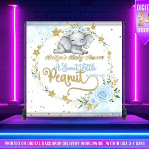 STAMPATO o DIGITALE, Sfondo per baby shower con elefante blu, Un piccolo arachide è in arrivo, Sfondo per baby shower con elefante blu per bambino