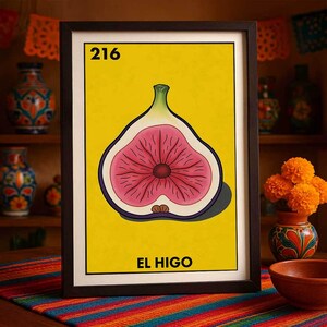 Wysyłane pocztą Drukowane tylko El Higo Loteria Plakat Fig Fruit Wall Art Meksykański wystrój kuchni Odważny pomysł na prezent z nadrukiem żywności