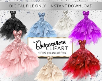 Watercolor Glitter Dresses Clipart 2, sparkling prom gown clip art,Princess watercolor clipart,  Quinceañera clipart,Elegant Wedding Dresses