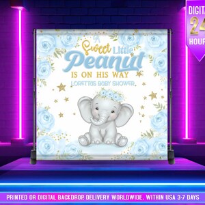 STAMPATO o DIGITALE, Sfondo per baby shower con elefante blu, Un piccolo arachide è in arrivo, Sfondo per baby shower con elefante blu per bambino