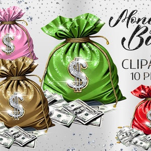 Clipart di banconote da 100 dollari - Borsa di soldi lucida PNG, Download digitale per t-shirt, tazza, bicchiere, Scrapbooking, ClipArt di design a sublimazione