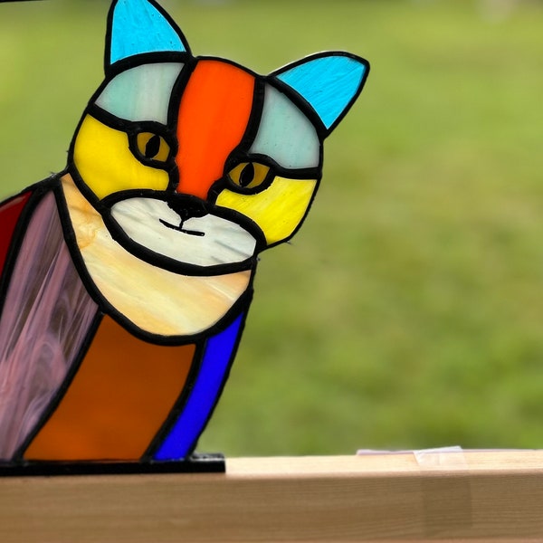 Stained Glass Peeking Cat Etsy