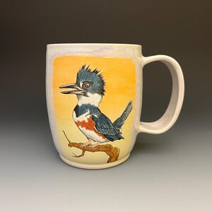 Hand Painted Kingfisher Mug Pearl White//Ceramics and Pottery, Fathers Day, Handmade Cup, Original Porcelain Pot, Sunset Painting