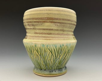 Carved Porcelain Green  Sake Cup Vase// Ceramic pot, Gift For Her, Handmade crafts,  Original Clay Pot, made by hand, flower vase, juice cup