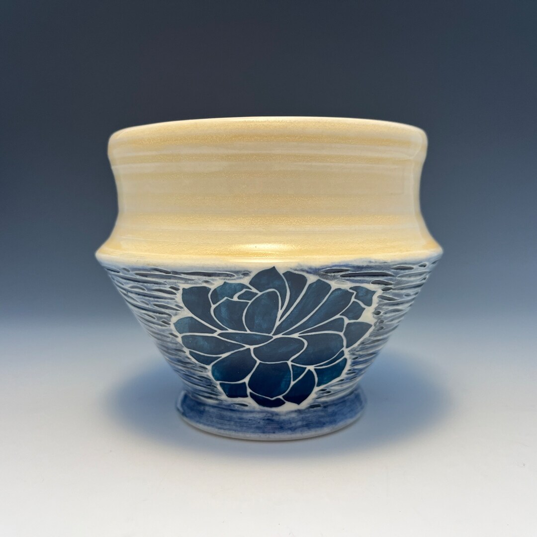 Succulent Plant Blue Stencil Porcelain Sake Wine Tea Cup// Rice Bowl ...