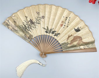 Cat Butterfly Double Sided Summer Bamboo Fan, Handheld Folding Fan, Summer Antique Hand Fan, Dance Prop, Wall Decor, Wedding Bridal Gifts