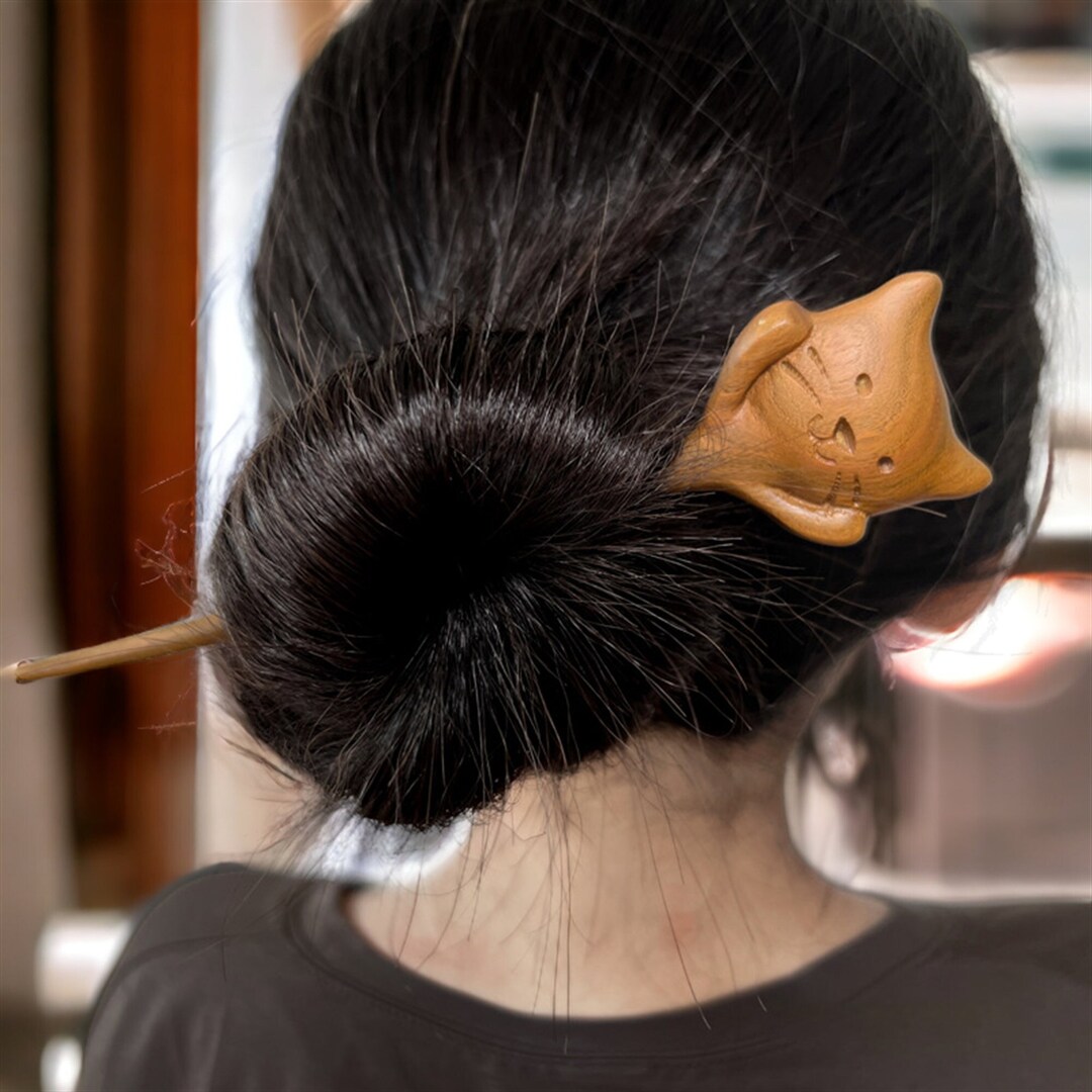 Retro Wooden Cat Hairpin Cute Cat Hair Stick Sandalwood Etsy