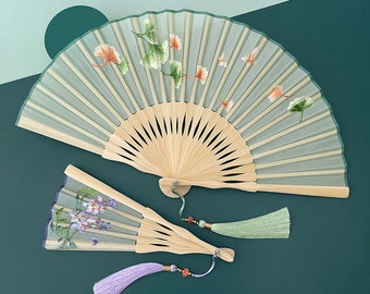 Double Sided Embroidery Folding Fan, Summer Folding Fan, Green Chinese Style Folding Fan, Hanfu Cheongsam Folding Fan With Gift Box