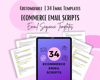 Könnte beinhalten: Ein lila-rosa digitales Tablet mit dem Text "34 Ecommerce Email Scripts" auf dem Bildschirm. Das Tablet ist von 34 weißen Blättern Papier mit Text umgeben. Der Text auf den Blättern ist teilweise vom Tablet verdeckt.