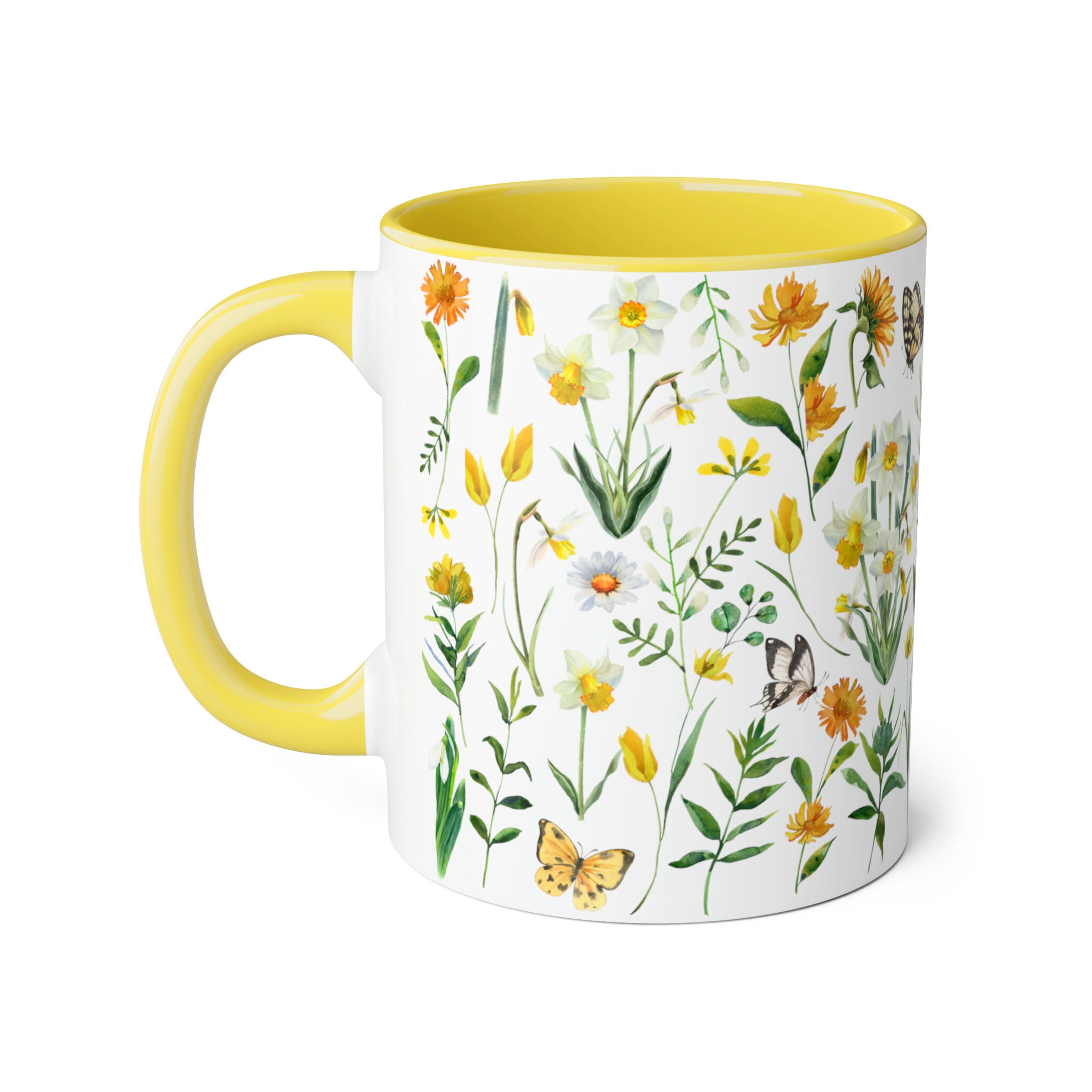 Cottagecore Wildflowers Yellow Handle 11oz Mug, Pressed Flower Mug ...