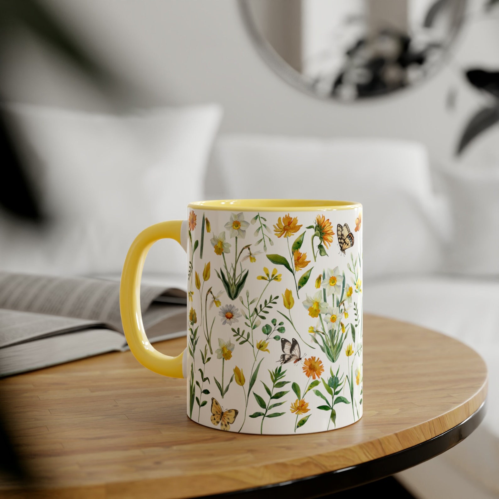 Cottagecore Wildflowers Yellow Handle 11oz Mug, Pressed Flower Mug ...
