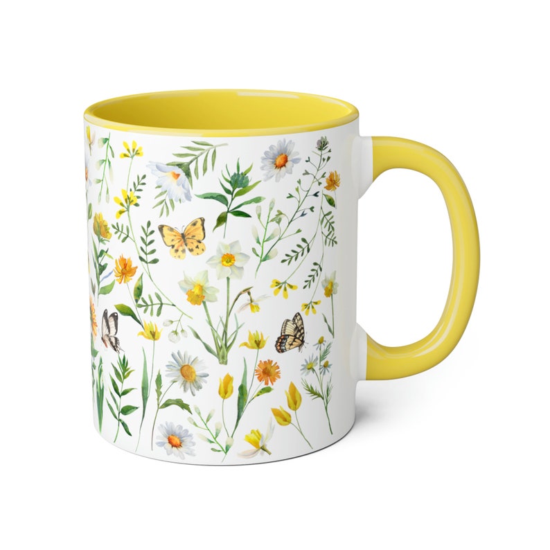 Cottagecore Wildflowers Yellow Handle 11oz Mug, Pressed Flower Mug ...
