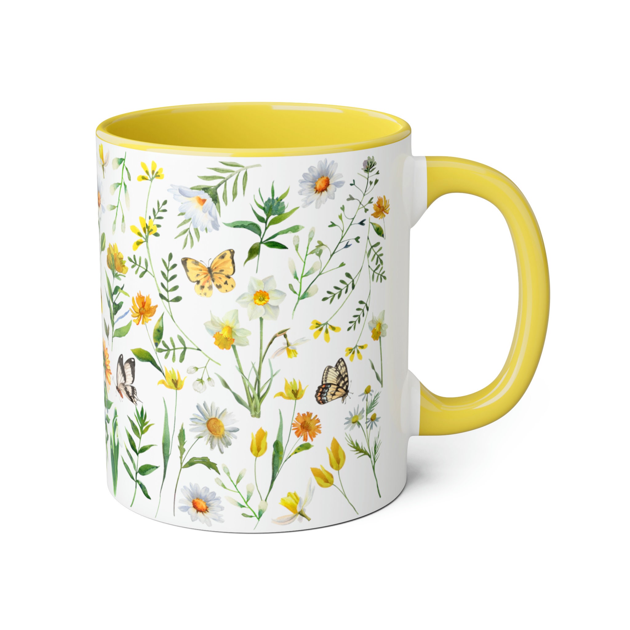 Cottagecore Wildflowers Yellow Handle 11oz Mug, Pressed Flower Mug ...