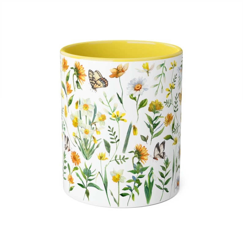 Cottagecore Wildflowers Yellow Handle 11oz Mug, Pressed Flower Mug ...