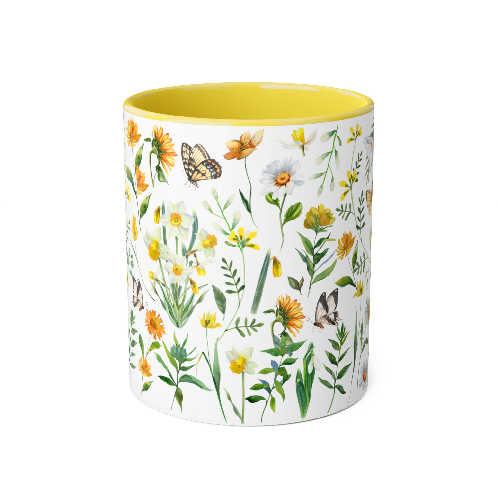 Cottagecore Wildflowers Yellow Handle 11oz Mug, Pressed Flower Mug ...