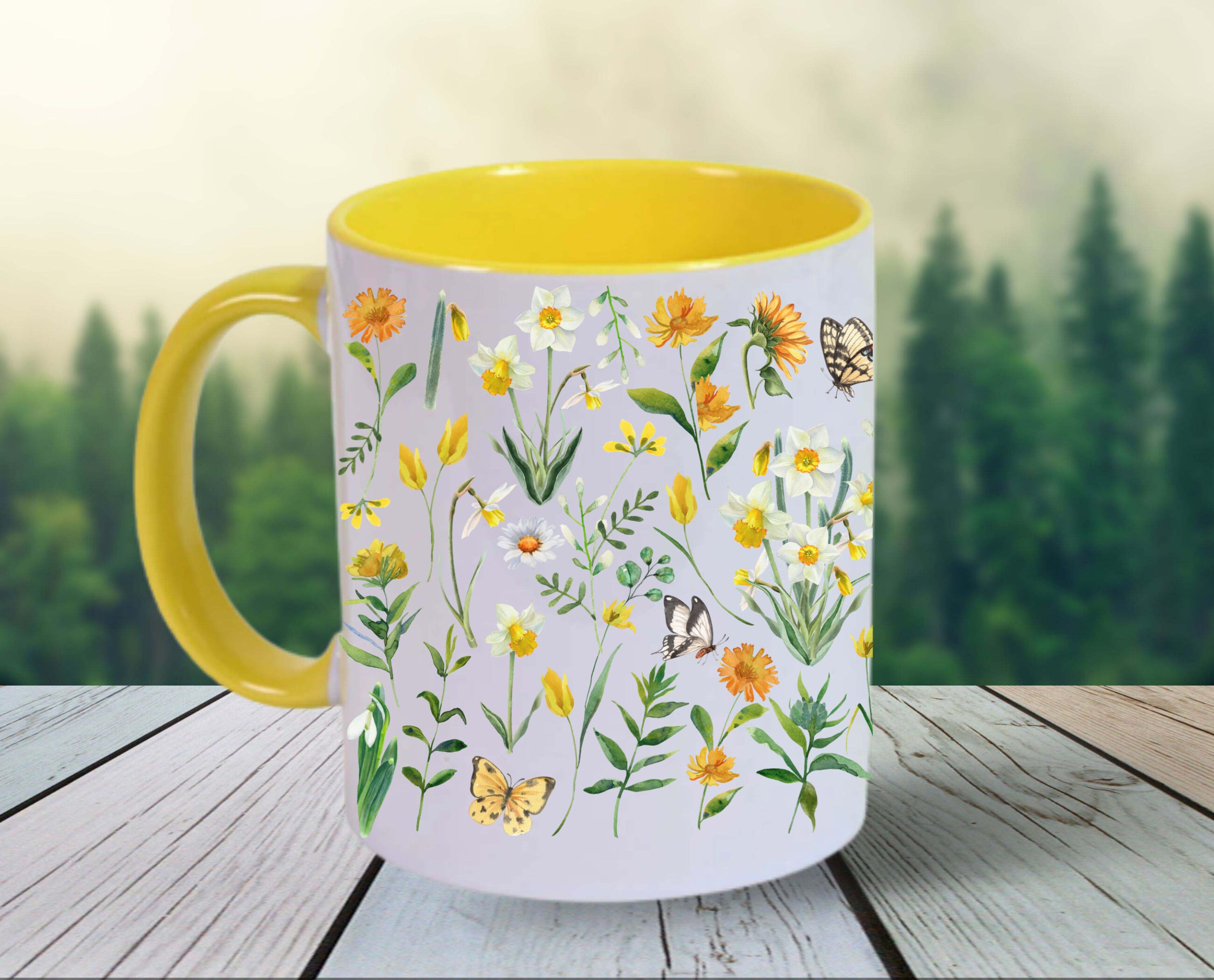 Cottagecore Wildflowers Yellow Handle 11oz Mug, Pressed Flower Mug ...