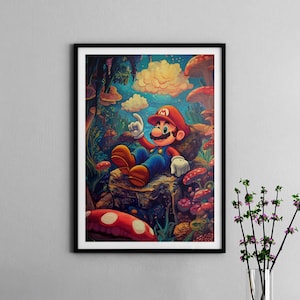 Mario on Mushrooms Print Poster (frame not included) Wall Art - Poster - Mario - Nintendo
