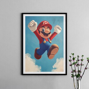 May include: A digital illustration of a cartoon character, Mario, in a red and blue outfit, jumping with his arms raised in the air against a blue sky with white clouds.