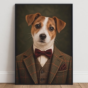 May include: A framed portrait of a Jack Russell Terrier wearing a brown tweed blazer with a subtle orange check pattern, a cream-colored button-down shirt, and a dark red bow tie. The dog has brown and white fur and looks directly forward.