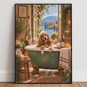 May include: A framed wall art print depicting a golden-brown spaniel dog sitting in a green clawfoot bathtub filled with bubbles. The dog has a foam bubble on its head. The scene includes a window view of a lake, mountains, and a town.