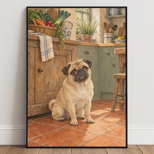 May include: A framed wall art print featuring a tan pug sitting on a terracotta tiled floor in a rustic kitchen. The scene includes wooden cabinets, a wicker basket filled with fresh vegetables, a blue and white towel, and potted herbs.