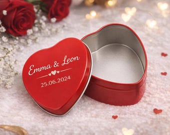 Lata personalizada en forma de corazón con nombre y fecha: regalo para pareja, San Valentín, aniversario, caja de regalo romántica
