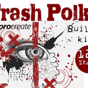 Könnte beinhalten: Procreate Trash Polka Builder Kit mit 120 Stempeln. Das Bild zeigt ein stilisiertes Auge mit einem roten Kreuz, schwarzen Tintenspritzern und roten Schmetterlingen auf weißem Hintergrund.