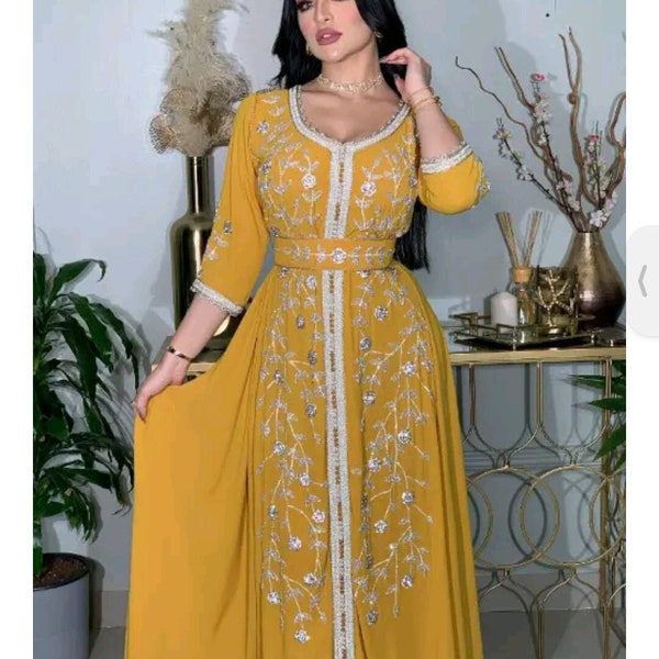 Sale !! Dubai Moroccan Kaftan Fish Cut Arabic Abaya Maxi Hand Beaded Caftan Farasha Floor Length Party Wear Wedding Gown Jilbab Women Dress