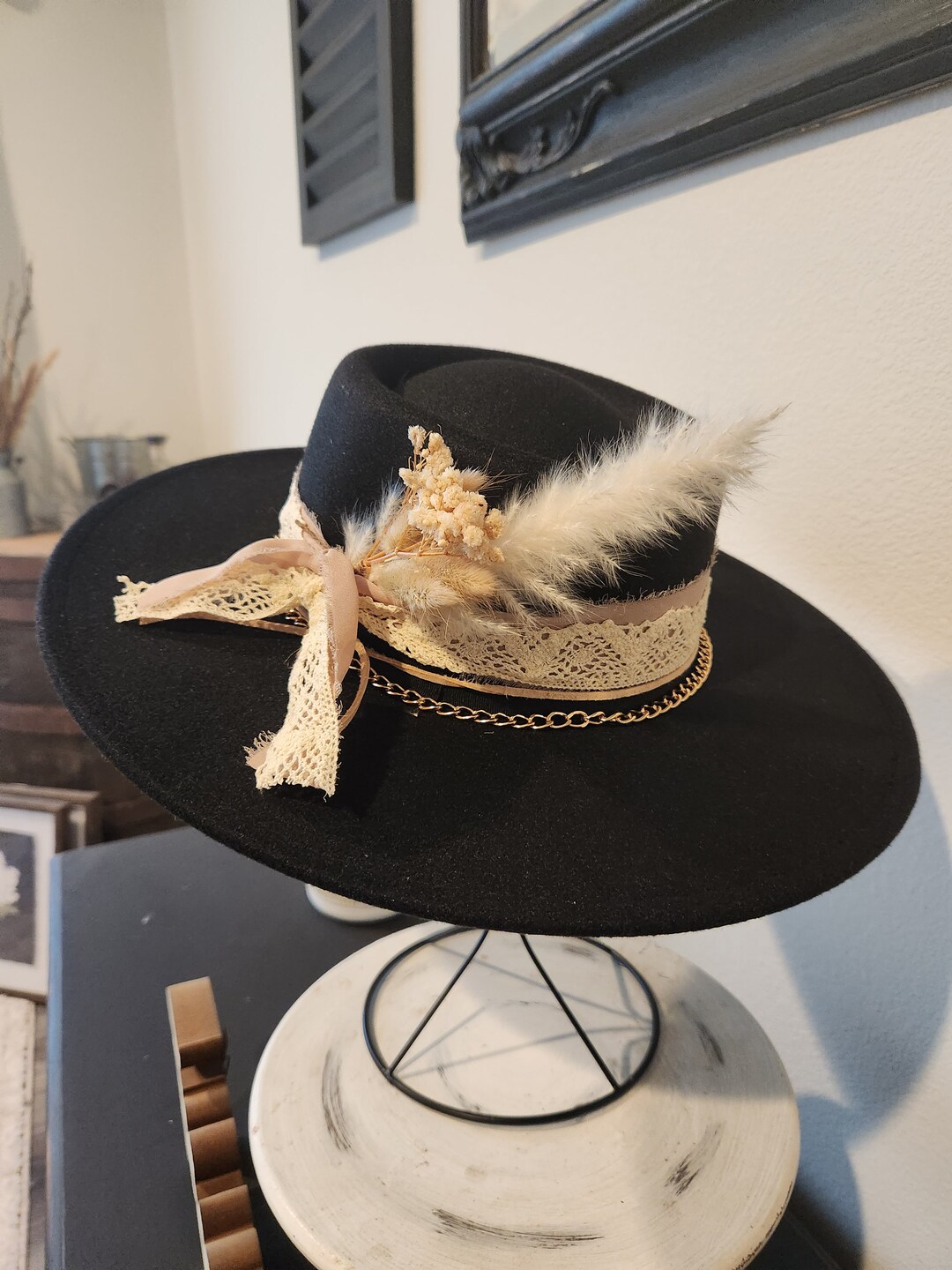 Black Boho Inspired Bolero/ Boater Wide Brim Fedora Hat  display picture 3