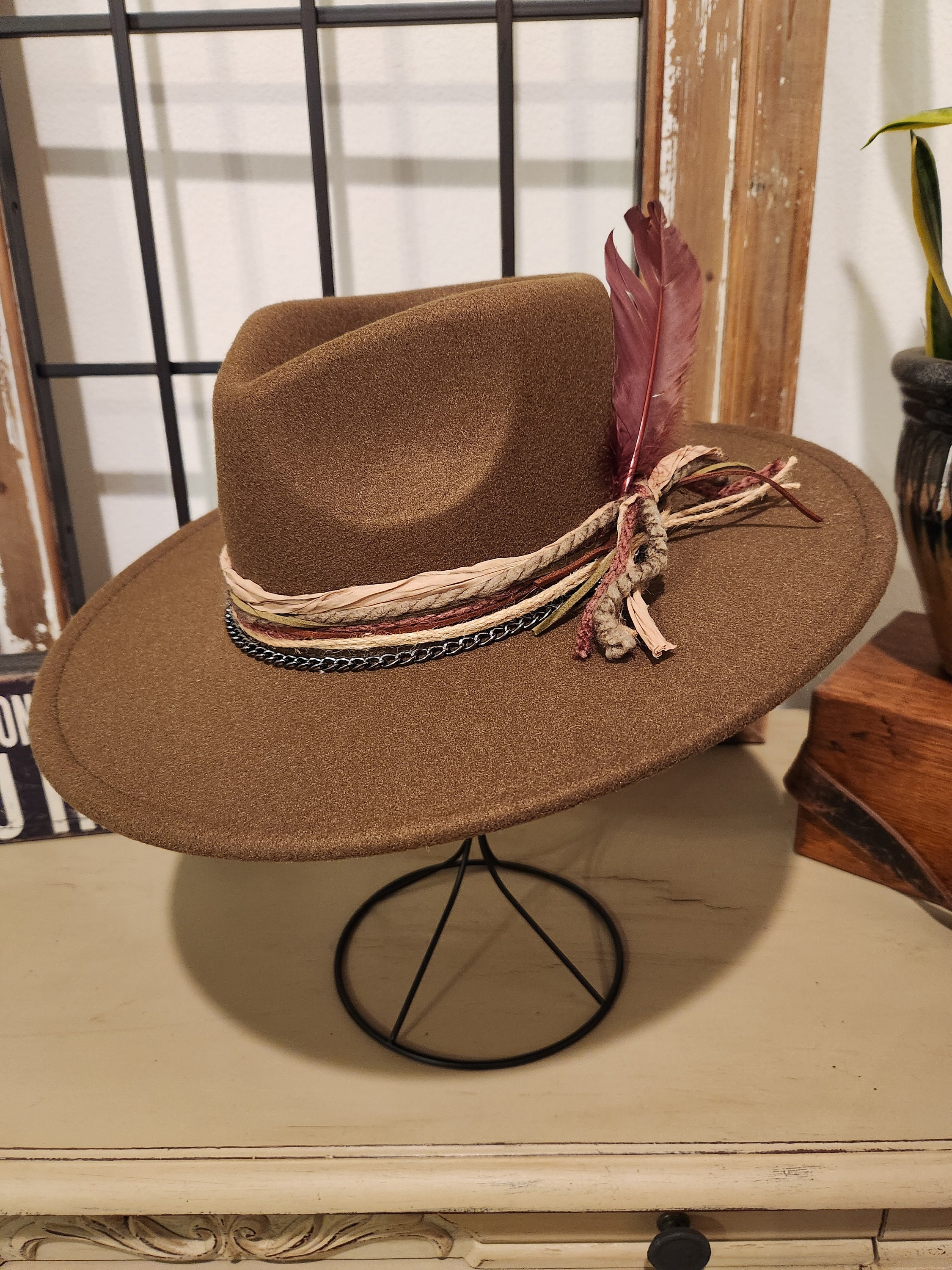 Dark Olive Green Boho Inspired Rancher Wide Brim Fedora Hat  display picture 3