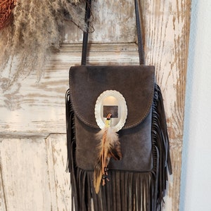 Boho Country Crossbody fringe purse PU suede with feather accent