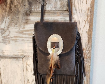 Boho Country Crossbody fringe purse PU suede with feather accent