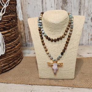 Boho Tribal long knotted chain, crystal, horn pendant necklace