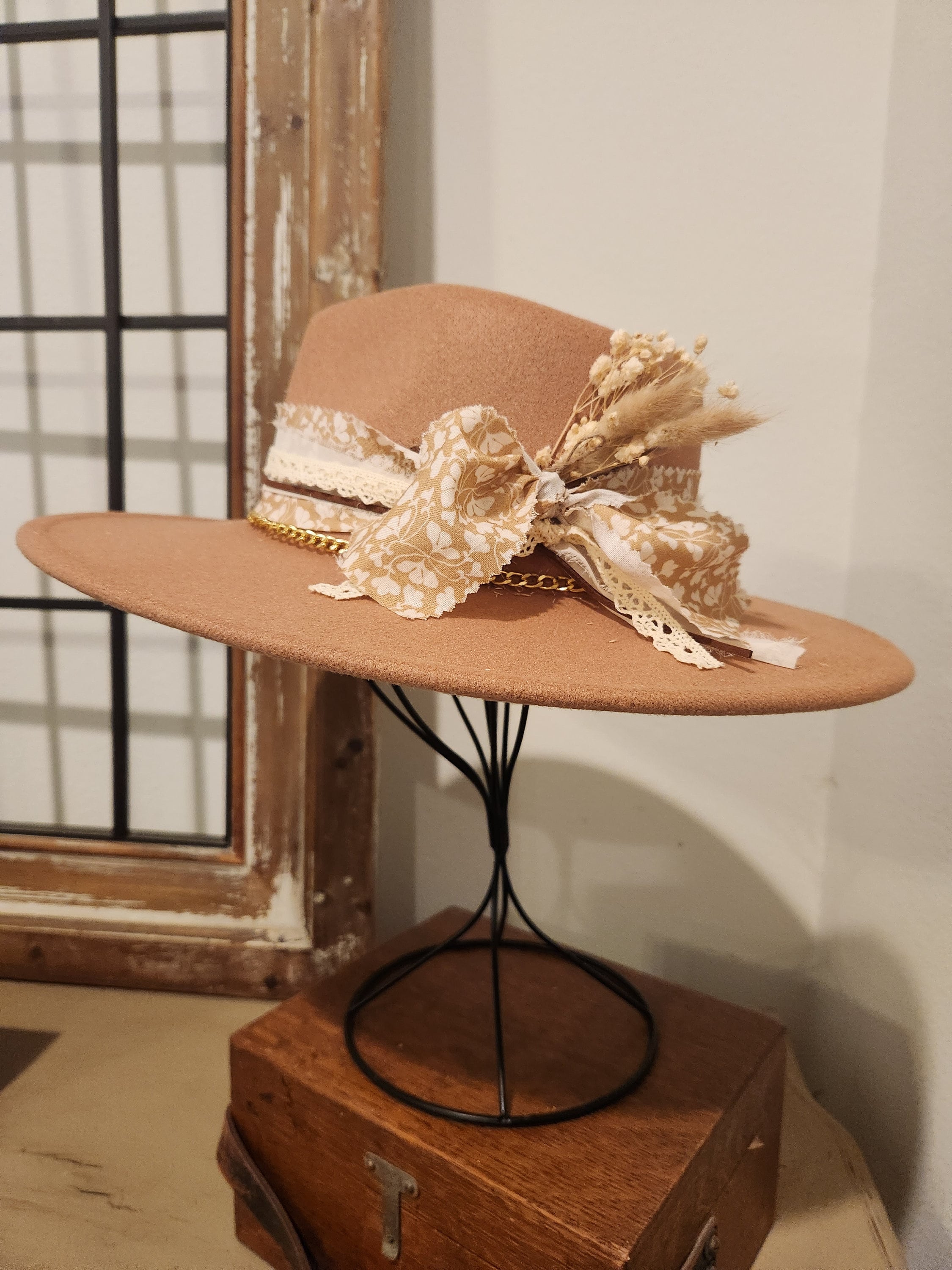 Customized Fedora with Removable Chain and Silk Ribbon Distressed Black Fur Felt Fedora |custom Fedora Hat Made to  main image 2