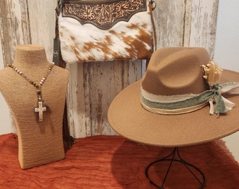 Darker Taupe Boho inspired Bolero/Panama Wide Brim  Fedora Felt Hat, Chiffon, Velvet,  trim and  natural bands w/boho dried flowers