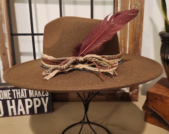 Dark Olive Green Boho inspired Rancher Wide Brim Fedora Hat