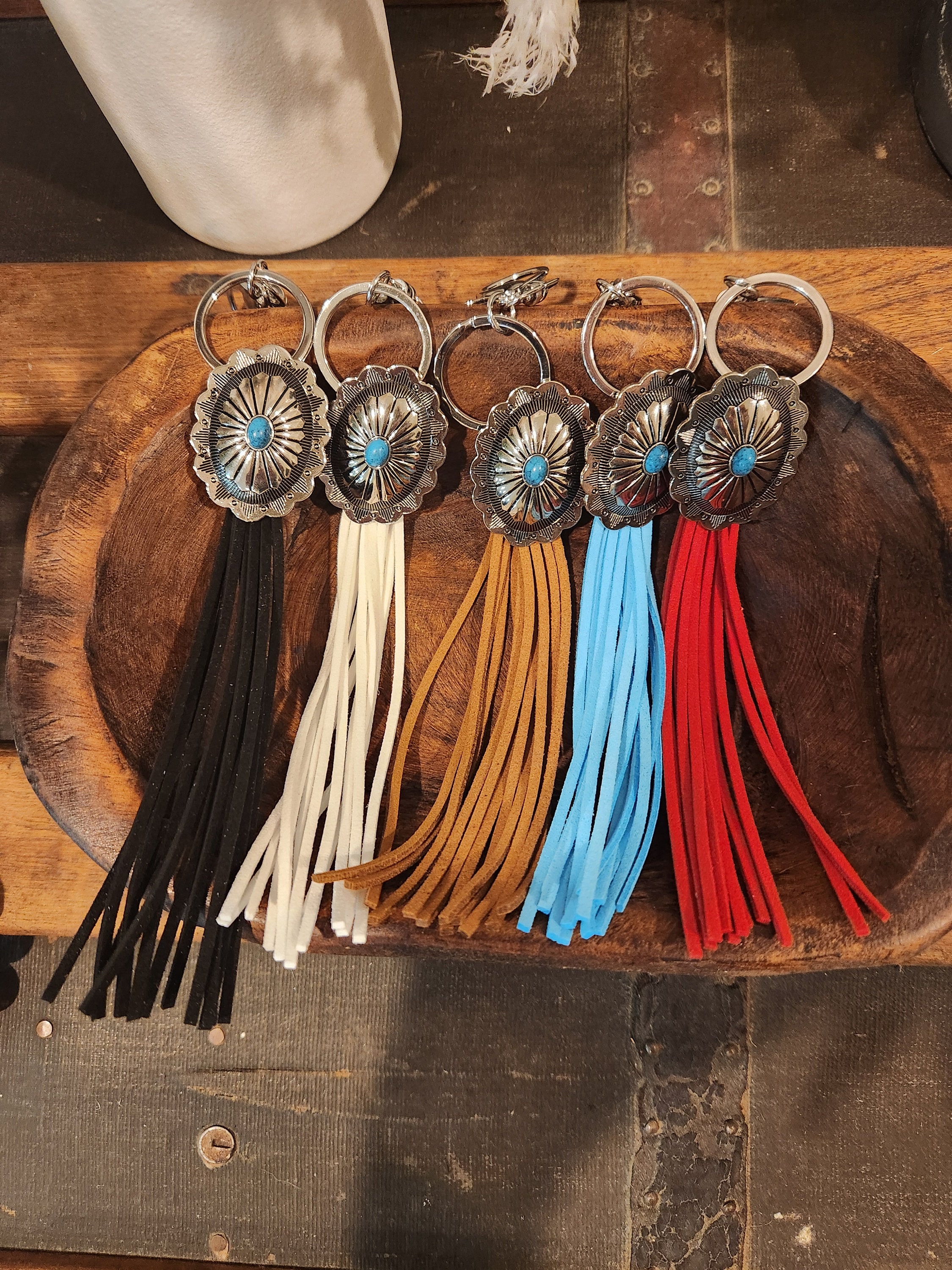 Western Metal Concho Button Faux Suede Leather Tassel Keychain
