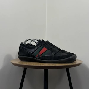 Gucci Men&#39;s Web Stripe Suede Leather Shoes EU43.5 US10.5 – Rare Designer Footwear, Classic Style, Authentic Pre-Owned