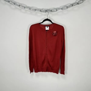 Gucci Vintage Red Wool Cardigan L | Crystal Brooch Sweater | Rare Designer Knit | Luxury | Women’s Size Large | Mint Condition