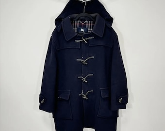 BURBERRY BRIT Black Wool Womens Duffle Coat With Check Hood