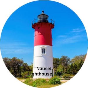 Phare de Nauset | Autocollant | État | Massachusetts | Cap Cod | Autocollants circulaires de 2,25 po, 3 po, 4,5 po de diamètre disponibles | MA