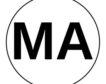Massachusetts | Stickers | State | MA | 2 Letter ID | Black | 1&quot;(48), 1.75&quot;(20), 2.25&quot;, 3&quot;, 4.5&quot;, 5.5&quot; Circle/Starburst Stickers Available