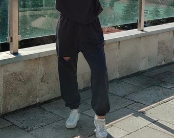 Oversized Tshirt Ripped Tracksuit Set