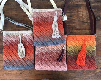 Handmade Knitted Cotton Bag, Versatile Bag made from Marbled Yarn with Satin Lining, Leather Straps, Magnetic Closure