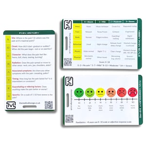 May include: Three medical assessment cards. One card details pain history with questions about the pain's location, onset, character, radiation, associated symptoms, timing, exacerbating factors, and severity. The other two cards show pain scales.