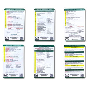 Puede incluir: Seis tarjetas laminadas blancas con información de evaluación médica. Las tarjetas cubren temas como respiratorio, trauma, cardiovascular, abdominal y exámenes médicos primarios, y nervios craneales. Cada tarjeta tiene un logotipo y una dirección web.